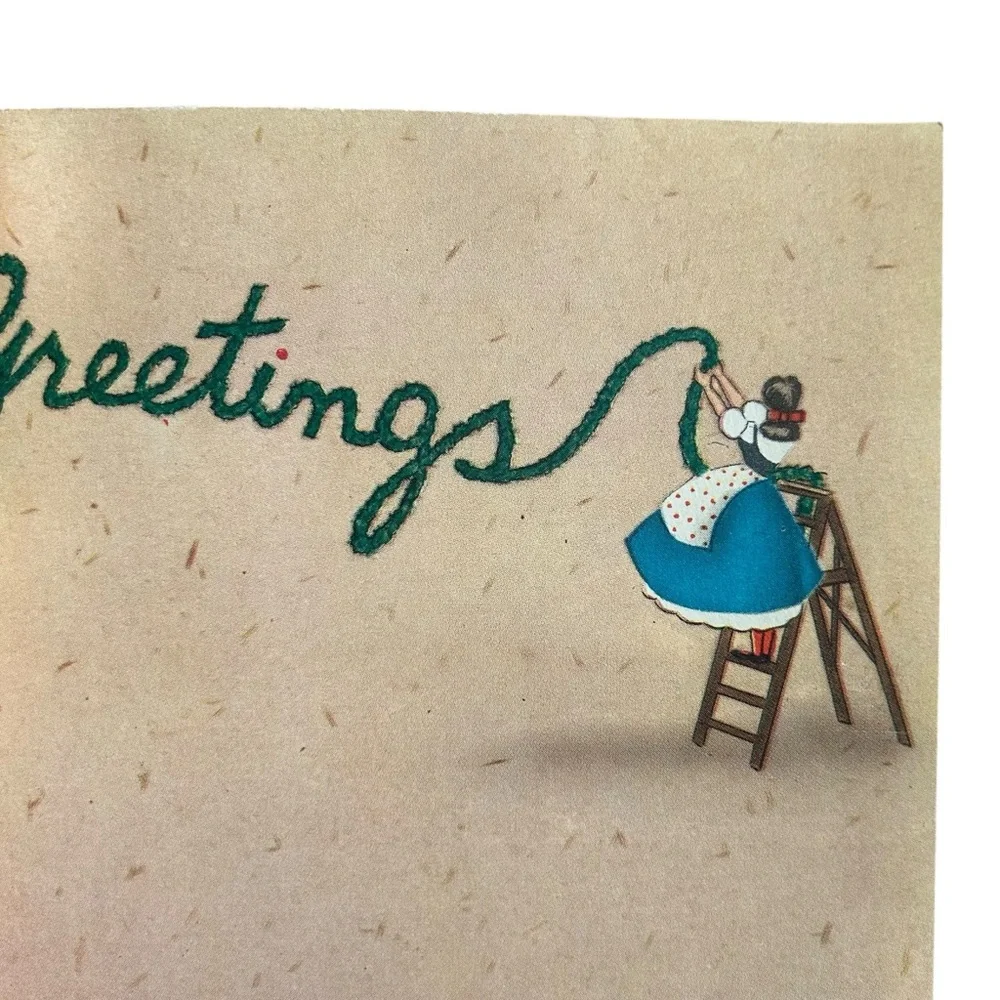 VTG 40s 50s Christmas Greeting Card Family Decorating Tree w Tinsel Retro Art